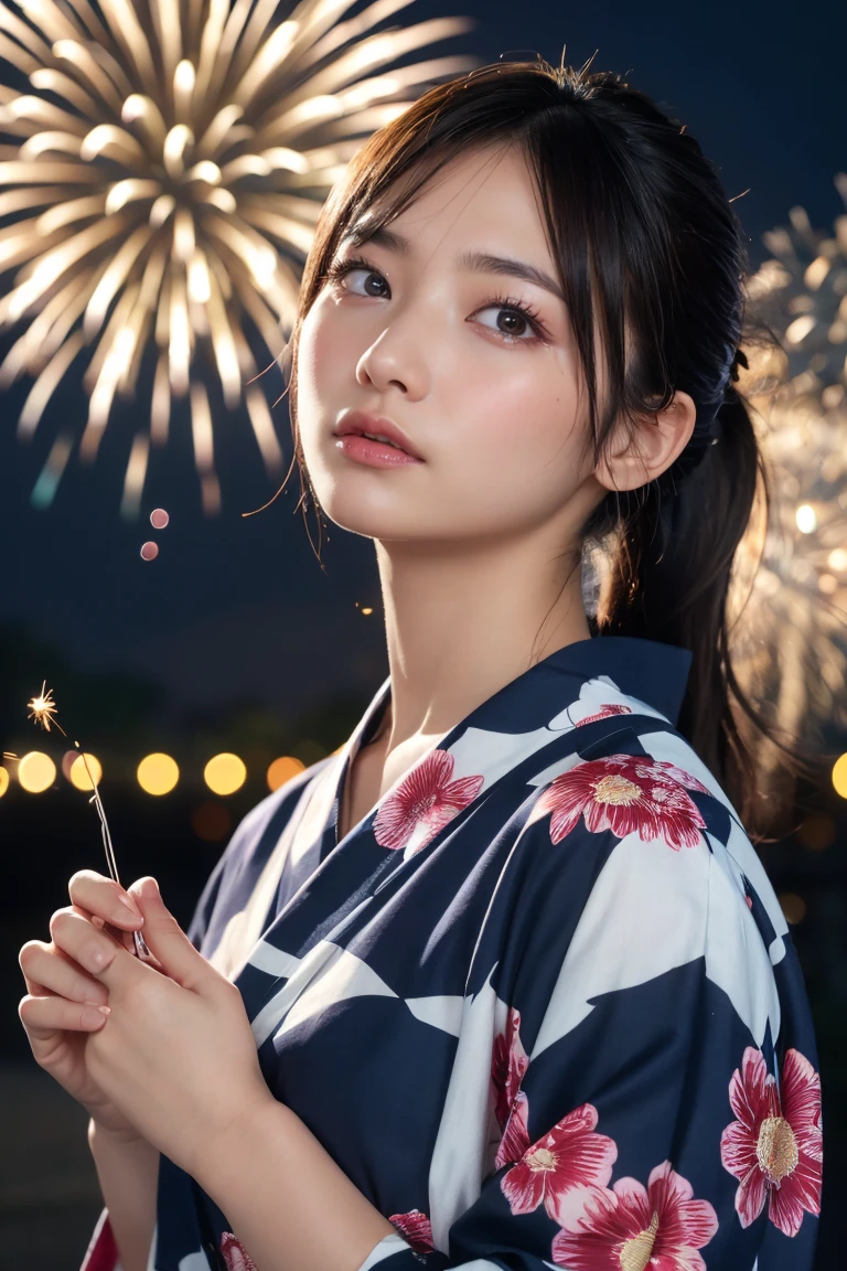 Highest quality, The finer details, (Beautiful One Woman))), Highly detailed eyes and face, firework, yukata, looking up at firework, ponytail, Large tear bags, double eyelid