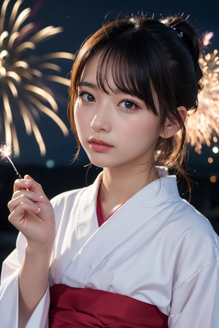 Highest quality, The finer details, (Beautiful One Woman))), Highly detailed eyes and face, firework, yukata, looking up at firework, ponytail, Large tear bags, double eyelid