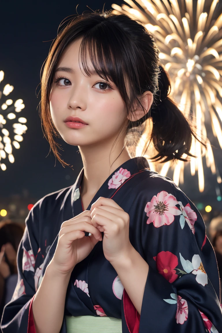 Highest quality, The finer details, (Beautiful One Woman))), Highly detailed eyes and face, firework, yukata, looking up at firework, ponytail, Large tear bags, double eyelid