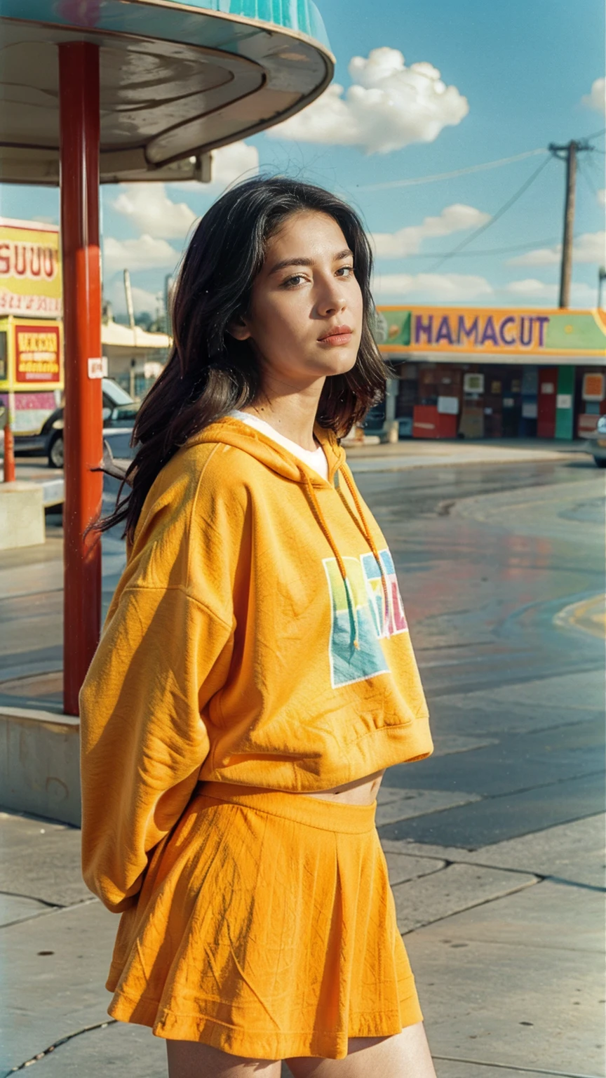 (medium shot portrait) of cute 23 yo girl ,wear ((orange color oversized_hoodie)), wear ((purple tennis skirt)),looking front,Best Quality,Masterpiece,Ultra High Resolution,(Realisticity:1.4),Original Photo, 1Girl, light leak,ultra high resolution,UHD,beautiful, (black straight hair), almond eye, no makeup, in front of ((80's blue red yellow green color gas station)), (realistic:1.2), (surreal:1.3), (very detailed:1.1), ((masterpiece)),summer, blue sky, palm trees,sunny, los angles vibes,film camera, 800mm lens,