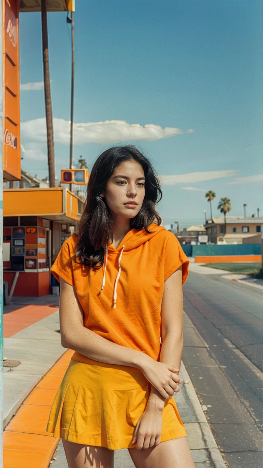 (medium shot portrait) of cute 23 yo girl ,wear ((orange color oversized_hoodie)), wear ((purple tennis skirt)),looking front,Best Quality,Masterpiece,Ultra High Resolution,(Realisticity:1.4),Original Photo, 1Girl, light leak,ultra high resolution,UHD,beautiful, (black straight hair), almond eye, no makeup, in front of ((80's blue red yellow green color gas station)), (realistic:1.2), (surreal:1.3), (very detailed:1.1), ((masterpiece)),summer, blue sky, palm trees,sunny, los angles vibes,film camera, 800mm lens,