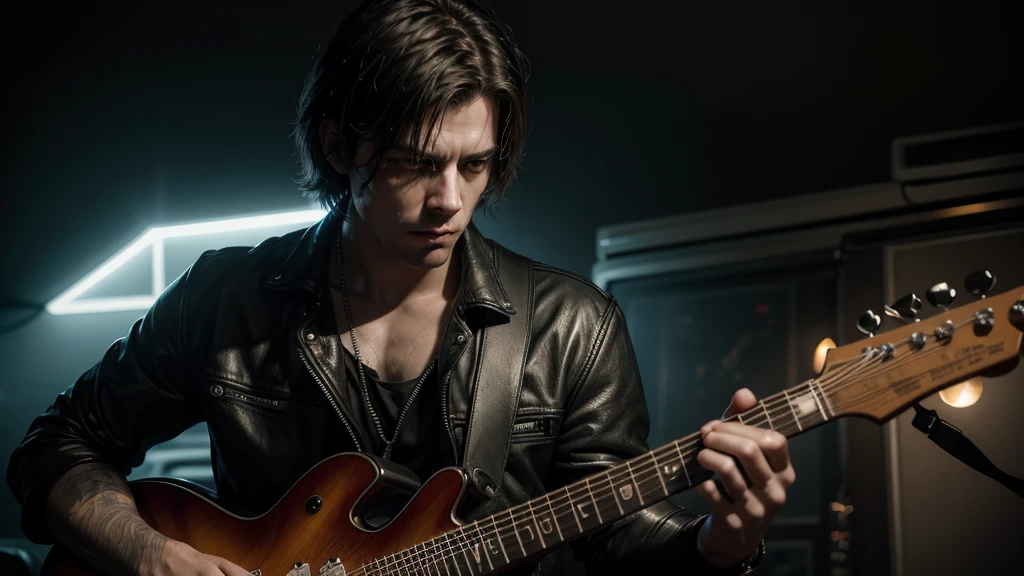 a photorealistic portrait of a man playing an electric guitar, extremely detailed, striking pose, dramatic lighting, cinematic, moody, gritty, vivid colors, hyperdetailed, chiaroscuro, intense expression, shredding guitar solo, 1 person