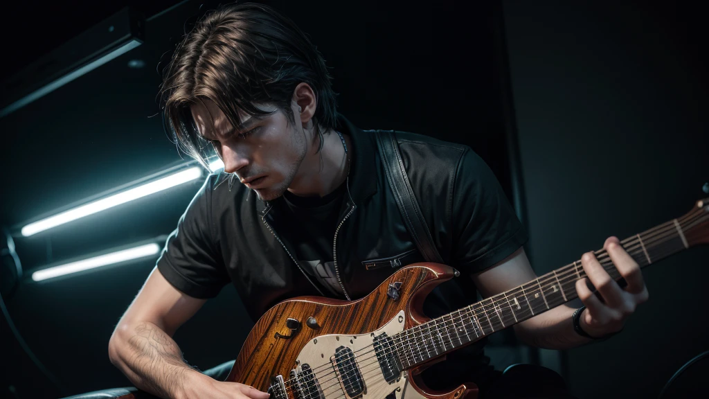 a photorealistic portrait of a man playing an electric guitar, extremely detailed, striking pose, dramatic lighting, cinematic, moody, gritty, vivid colors, hyperdetailed, chiaroscuro, intense expression, shredding guitar solo, 1 person