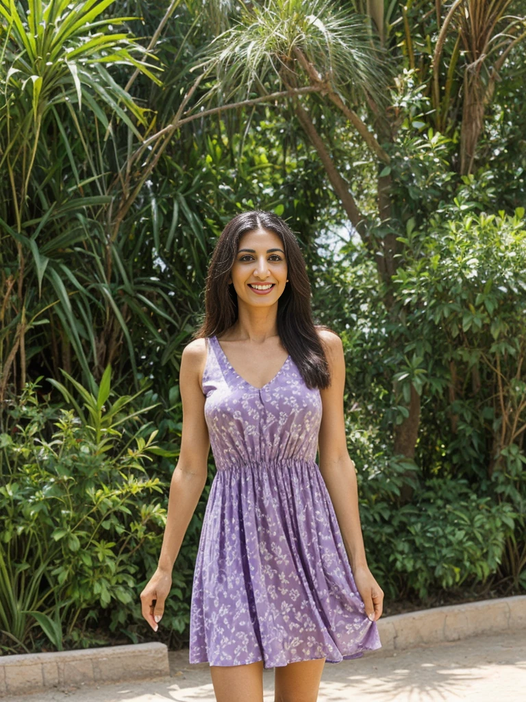 Rania, 1girl, solo, ((Egyptian woman)), consistent face and body, ((MILF)), ((30 years old)), (mature), ((slim)), ((Egyptian face)), (Egyptian nose), (Egyptian lips), ((long straight hair)), upper body and upper legs, (background: Aquaventure Waterpark), BREAK, (wearing light-purple printed spring dress), smirking, teasing
