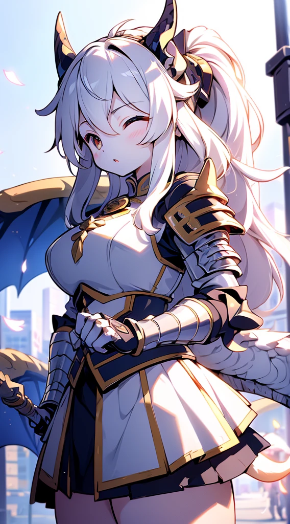 knight，Dragon Girl，Anthropomorphic Dragon，Dragon Horn，knightarmor，Plate，Breastplate，Wristband，Arm Guard，Metal armor，armor，wing，巨龙wing，巨龙knight女孩，Big breasts，Pale，silver white，White hair，White scales，Dragon Claw，butt，大butt，Big breasts，Big breasts，armor，knight长枪，Holding a spear，knight长矛，手持knight长矛长矛，Huge spear，Fantasy style，Fantasy style，Skirt Armor，Skirt，Dragon Tail，巨Dragon Tail，Fleshy tail，Chubby tail