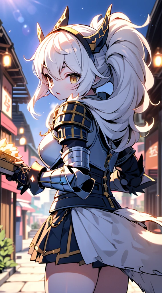 knight，Dragon Girl，Anthropomorphic Dragon，Dragon Horn，巨龙wing，龙的wing，wing，巨大的wing，silver white的巨龙wing，knight盔甲，Plate，Breastplate，Wristband，Arm Guard，Metal armor，重型armor，承重armor，厚重的armor，armor，wing，巨龙wing，巨龙knight女孩，Big breasts，Pale，silver white，White hair，White scales，Dragon Claw，butt，大butt，Fantasy style背景，City background，Street background，Fantasy styleStreet background，中世纪Street background，Street background，Fantasy style，Fantasy style，Skirt Armor，Skirt，Dragon Tail，巨Dragon Tail，Fleshy tail，Chubby tail