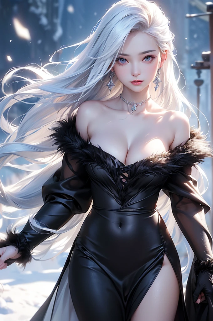 ((masterpiece:1.5、8k、Tabletop、フォトリアリスティックでVery detailedなCG、Very detailed、Particle Effects、Dynamic Effects、Shallow depth of field、Cinematic Light、Lens flare、Ray Tracing、Tabletop、Realistic:1.4、Ultra-high resolution:1.2、Realistic、Realistic))((alone、,A woman wearing a black fur coat over an off-the-shoulder dress:1.4、Elegant woman posing、Detailed face、bright表情、young, bright, Whiter skin、Medium chest、Beautiful cleavage、Best Looks、Asian、Ultimate beauty、bright and shiny hair,、Super long, Silky straight hair、Hair dancing in the wind))(morning、The setting is outdoors in the snow、Crystal of snow)((shiny white hair))