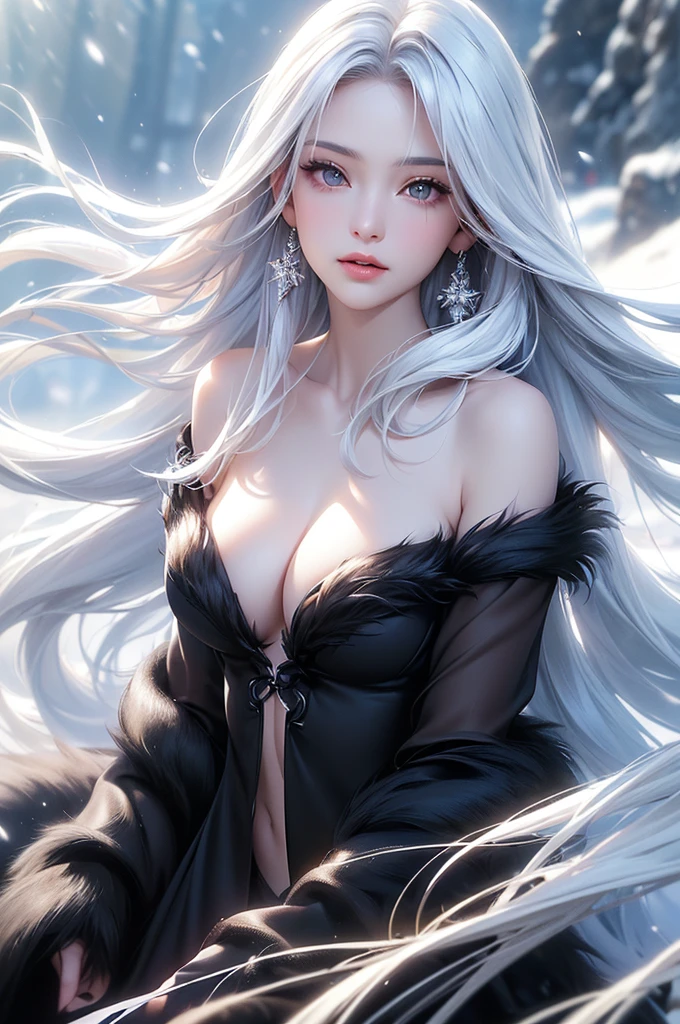 ((masterpiece:1.5、8k、Tabletop、フォトリアリスティックでVery detailedなCG、Very detailed、Particle Effects、Dynamic Effects、Shallow depth of field、Cinematic Light、Lens flare、Ray Tracing、Tabletop、Realistic:1.4、Ultra-high resolution:1.2、Realistic、Realistic))((alone、,A woman wearing a black fur coat over an off-the-shoulder dress:1.4、Elegant woman posing、Detailed face、bright表情、young, bright, Whiter skin、Medium chest、Beautiful cleavage、Best Looks、Asian、Ultimate beauty、bright and shiny hair,、Super long, Silky straight hair、Hair dancing in the wind))(morning、The setting is outdoors in the snow、Crystal of snow)((shiny white hair))