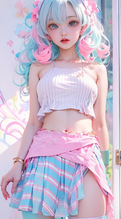 Light blue and pink color scheme,sexy girl ,Tiny body,,white curly hair, Bright colored camisole