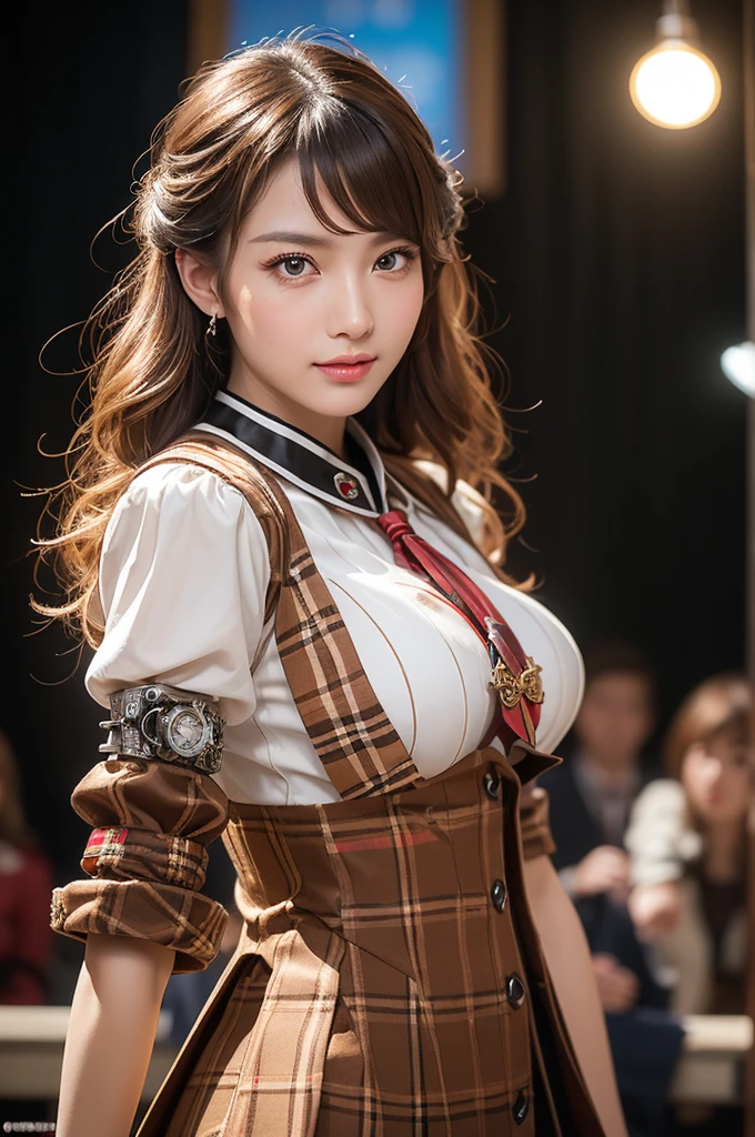 Woman portrait、Highest quality、Rear view、8k, clear, Fine skin、Clear, beautiful eyes、、The beauty of a smile、whole body,Curly Hair、My hair was messed up by the wind、(Glamorous Muscle、tall、Mature W(Hip_superior, Hip superior), Beauty,( Watching the audience),Realistic, High resolution, Soft Light,1 female, One person,blonde hair,Long Hair,Fine Skin, Naughty look,Steampunk style girl、Costumes decorated with lots of gear and watches,(White, brown, silver, red and dark brown checkered stripes,Sailor-style armor with Burberry check collar)、Beautiful Steampunk Guild Staff Costume Banker Uniform,(White and brown and silver and red and dark brown checkered steampunk white steampunk steampunk lolita fashionian pattern、,gyaru、 High-tech Mecha,wrist cuffs、High leg)、((arms behind back)),(bokeh),(studio lighting)