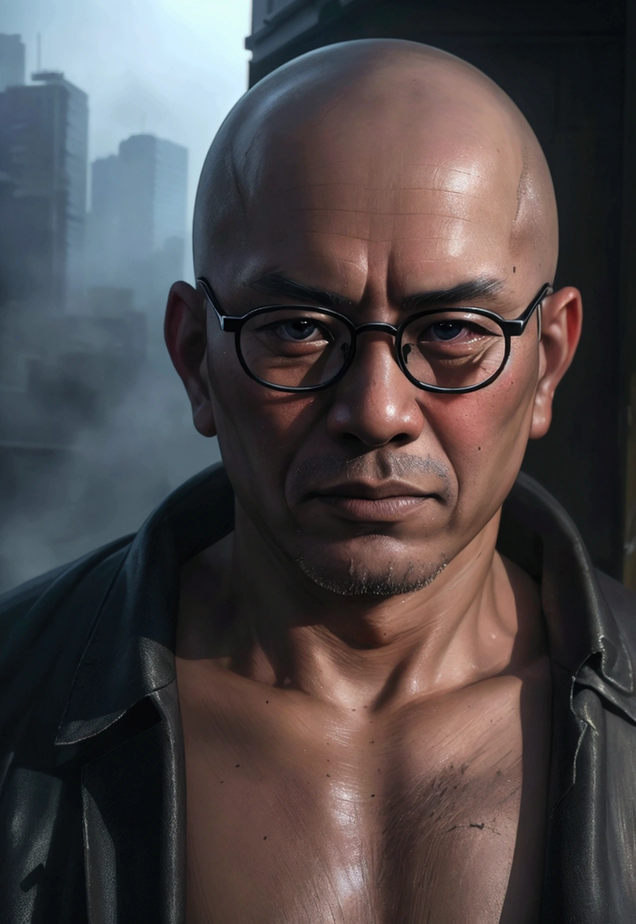 (Highest quality,4K,8k,High resolution,masterpiece:1.2),Very detailed,(Realistic,photoRealistic,photo-Realistic:1.37),anime,Skinhead,round face,Round Glasses,Middle-aged Asian man,white stubble,Black suit,black eye,Japanese sword,Grainy cityscape,Dark Alley,Mysterious Shadow,Spectacular Background,Smoke effect,Vibrant colors,Concept Artist,Moody lighting,superpower