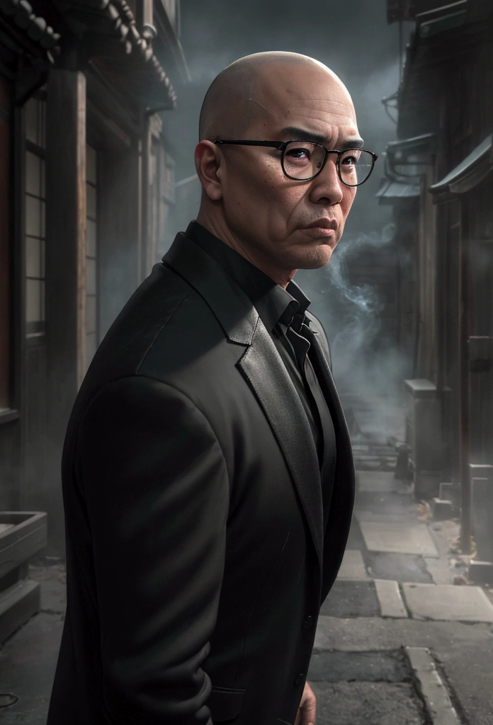 (Highest quality,4K,8k,High resolution,masterpiece:1.2),Very detailed,(Realistic,photoRealistic,photo-Realistic:1.37),anime,Skinhead,round face,Round Glasses,Middle-aged Asian man,white stubble,Black suit,black eye,Japanese sword,Grainy cityscape,Dark Alley,Mysterious Shadow,Spectacular Background,Smoke effect,Vibrant colors,Concept Artist,Moody lighting,superpower