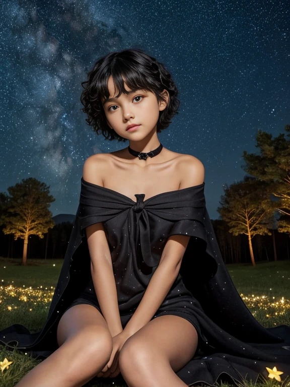 12 year old girl, short hair, black color, Very curly, ribbon on the neck, Skinny body, small bust, naked, With a blanket, lying down, two hands, shows her legs, sitting on a hill at night, very starry sky, few trees, flowers illuminating, she very pretty.