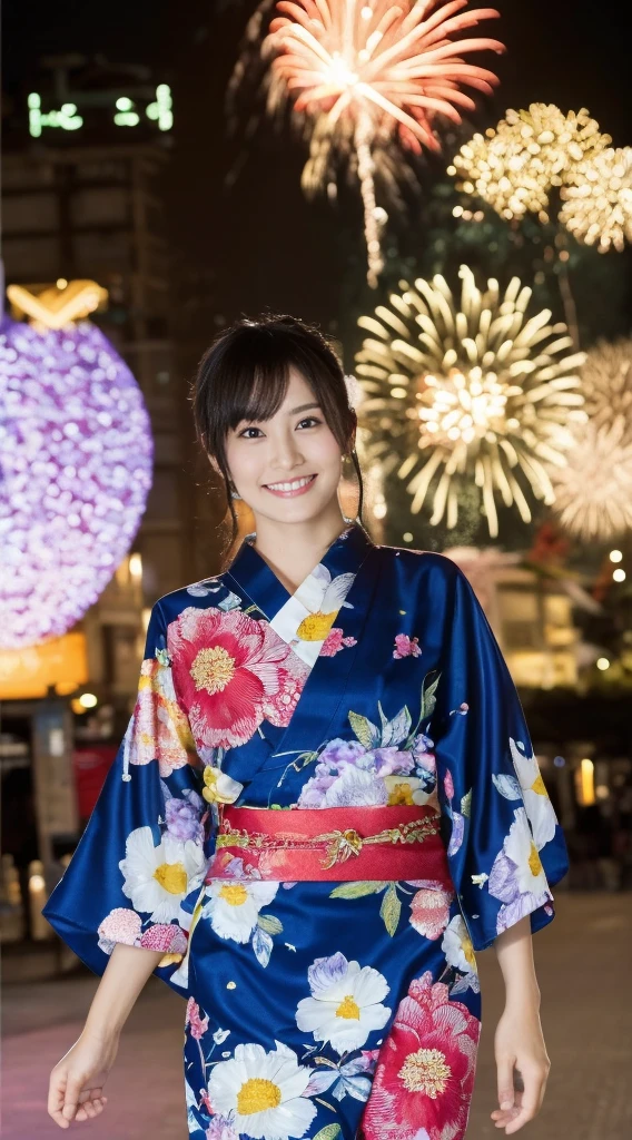 ((masterpiece(:1.4),Highest quality,Ultra-high resolution,Highest quality,8k,Extremely detailed,In detail))。night,Fireworks display,Summer festival,Opening a store,Japanese,Female college student,Yukata,cute,Clear,(Fireworks displayのnightに河川敷で花火を背景にしたスナップ写真),Hyper Quality