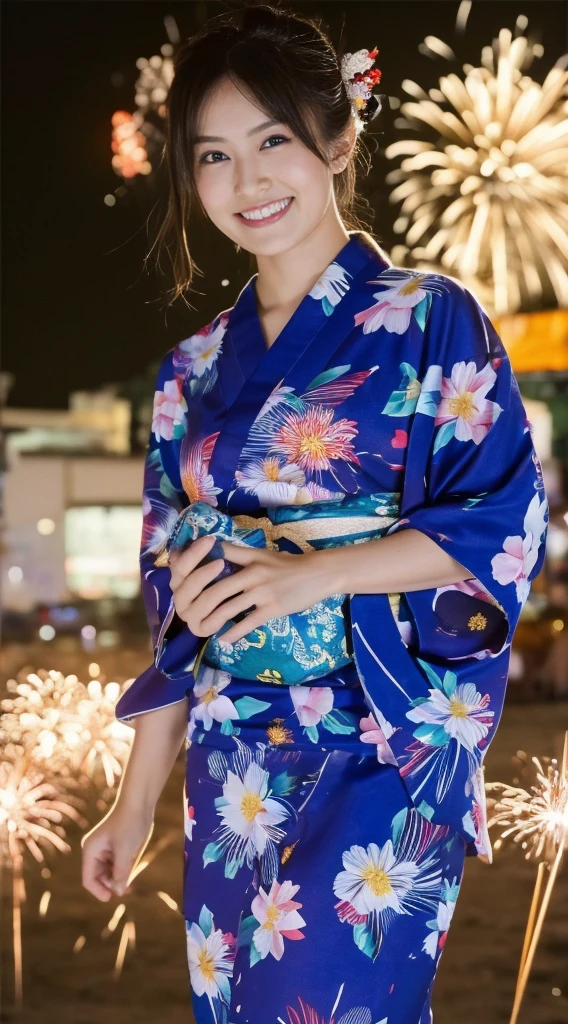 ((masterpiece(:1.4)，Highest quality，Ultra-high resolution，Highest quality，8k，Extremely detailed，In detail))。night，Fireworks display，Summer festival，Opening a store，Japanese，Female college student，Yukata，cute，Clear，(Fireworks displayのnightに河川敷で花火を背景にしたスナップ写真)，Hyper Quality