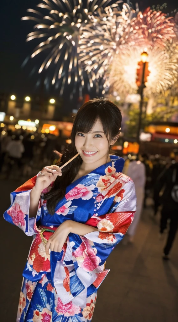 ((masterpiece(:1.4),Highest quality,Ultra-high resolution,Highest quality,8k,Extremely detailed,In detail))。night,Fireworks display,Summer festival,Opening a store,Japanese,Female college student,Yukata,cute,Clear,(Fireworks displayのnightに河川敷で花火を背景にしたスナップ写真),Hyper Quality