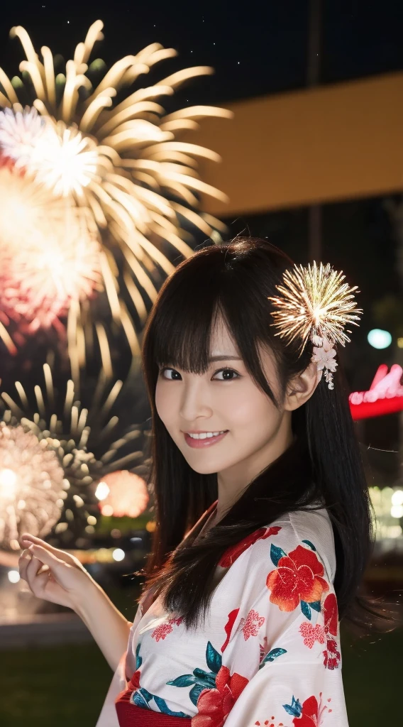 ((masterpiece(:1.4)，Highest quality，Ultra-high resolution，Highest quality，8k，Extremely detailed，In detail))。night，Fireworks display，Summer festival，Opening a store，Japanese，Female college student，Yukata，cute，Clear，(Fireworks displayのnightに河川敷で花火を背景にしたスナップ写真)，Hyper Quality