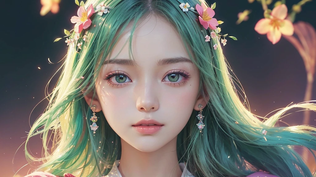 One girl, alone, flower畑, flower, (Official Art, unity 8k wallpaper, Super detailed, beautifully、aesthetic, masterpiece ,Highest quality:1.3), (Dynamic Angle:1.2), (Floating colorful sparkles:1) , elegant, Vibrant colors, Highly detailed face, Detailed eyes, Glowing Skin, Glossy Lips , Pale green background,