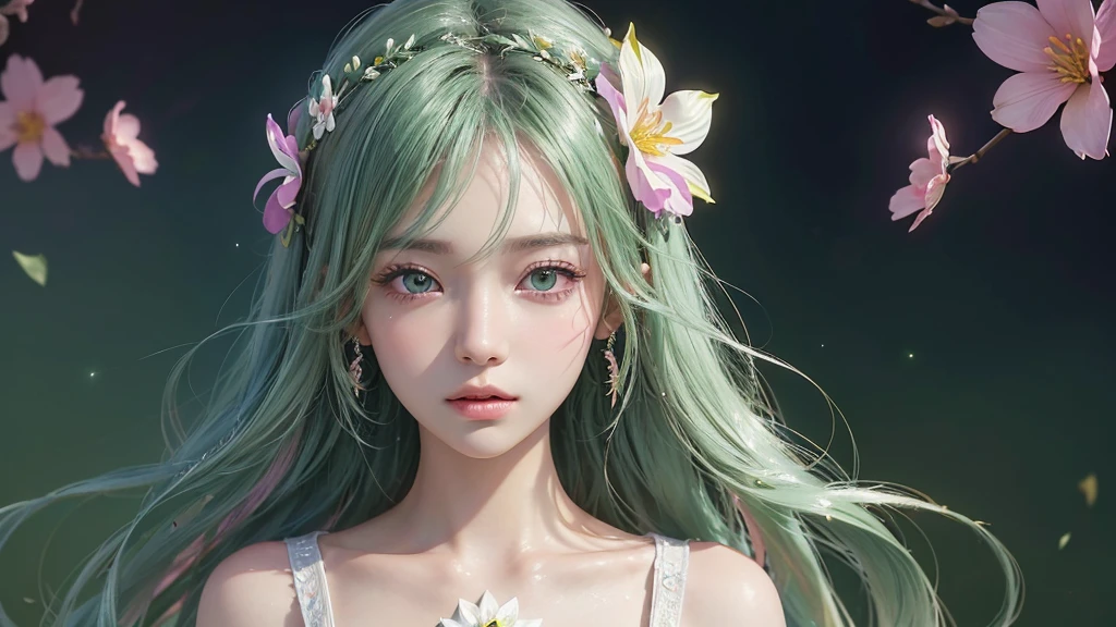 One girl, alone, flower畑, flower, (Official Art, unity 8k wallpaper, Super detailed, beautifully、aesthetic, masterpiece ,Highest quality:1.3), (Dynamic Angle:1.2), (Floating colorful sparkles:1) , elegant, Vibrant colors, Highly detailed face, Detailed eyes, Glowing Skin, Glossy Lips , Pale green background,