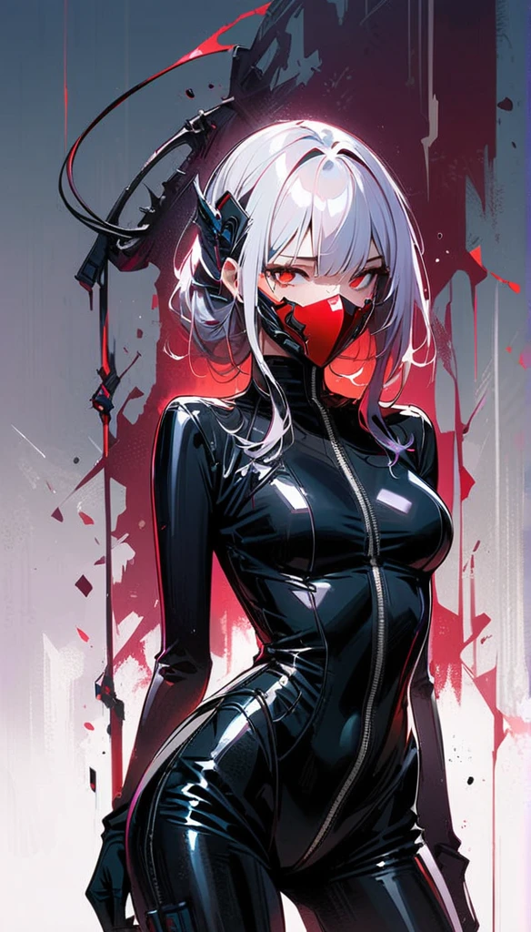 masterpiece， best quality， 8K， number， 1 girl， Solitary， stand up， youth， white hair， Long white hair， Hair accessories， Red Eyes， Round pupil， emotionless expression， Blood， Mechanical Parts， electric wire， cable， Failure Effect， Shocking， Science fiction， Futuristic， The background is darker inside， Neon， cyberpunk characters， Surrealism， Strange， Disturbing， spine-chilling， Shocking， One-piece Pants，Red Eyes，Venom，nigrescence，Long black gloves，One-piece Pants，Tight latex jumpsuit，Highlight her graceful figure,wrap the whole body，Symbiote，（（Sexy highlighted）），One-piece Pants，Red Eyes，Venom，nigrescence，Long black gloves，One-piece Pants，Black latex clothing，Blood-Red Eyes，best quality, high resolution, Super detailed, Vivid texture, mask, Tight latex jumpsuit, Bangs,Purple Hair, blue eyes