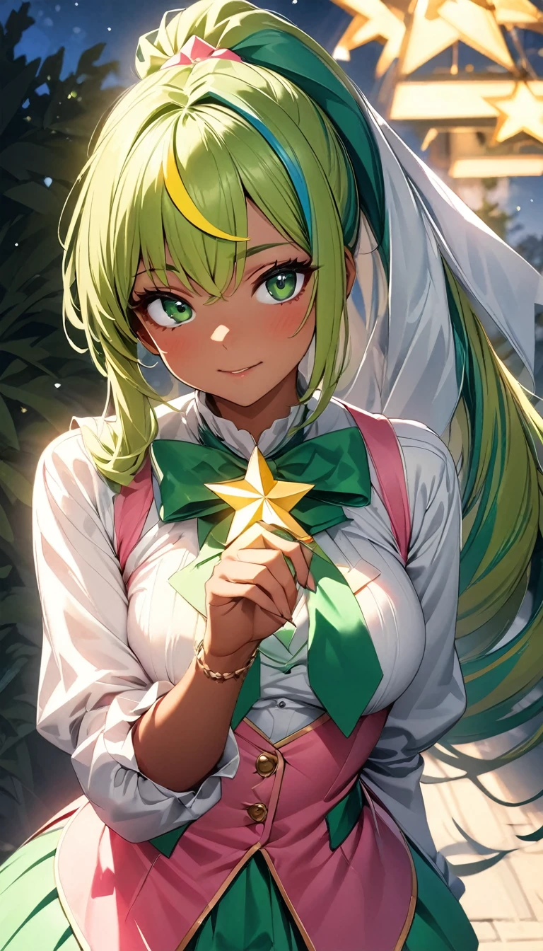 (highest quality:1.2, Very detailed, up to date, Vibrant, Ultra-high resolution, High Contrast, masterpiece:1.2, highest quality, Best aesthetics), Portraiture、solo, girl、(slim:1), (25-years-old:1.6), very sexy magical girl, ((holding a stick on hand, shinning star at the top of stick:1.5)), in magic kingdom, (sunshine), Bright colors、Beautiful fine details、Beautiful lip detail、long hair、ponytail, white and yellow green ((streaked hair:1.6)), highlights hair: 1.5, (medium breast:1) , (tan skin:0.9), cute pose, ((cowboy shot:1))