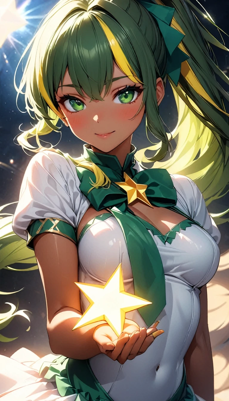 (highest quality:1.2, Very detailed, up to date, Vibrant, Ultra-high resolution, High Contrast, masterpiece:1.2, highest quality, Best aesthetics), Portraiture、solo, girl、(slim:1), (25-years-old:1.6), very sexy magical girl, ((holding a stick on hand, shinning star at the top of stick:1.5)), in magic kingdom, (sunshine), Bright colors、Beautiful fine details、Beautiful lip detail、long hair、ponytail, white and yellow green ((streaked hair:1.6)), highlights hair: 1.5, (medium breast:1) , (tan skin:0.9), cute pose, ((cowboy shot:1))
