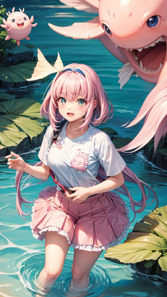 anime girl, adorable, with axolotl theme 