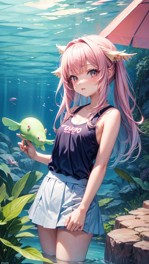 anime girl, adorable, with axolotl theme