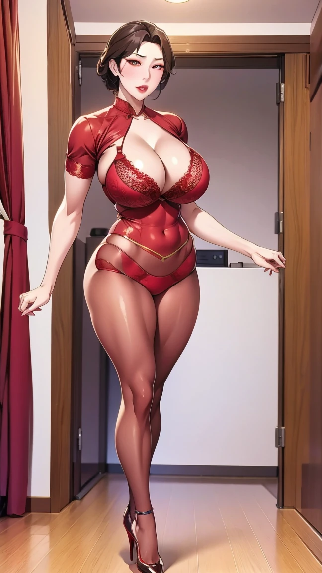 Cao Meijing,wearing red sexy bra, Medium sized breasts, (((Cleavage)))8K high quality,4K, long leg, full boy view, erotic standing pose, high heel