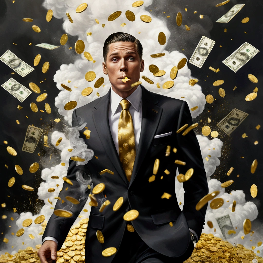 A detailed painting of a person in a suit., surrounded by a flurry of dollar bills and gold bars, gold coins, white smoke flying ahead (((a lot of smoke)))