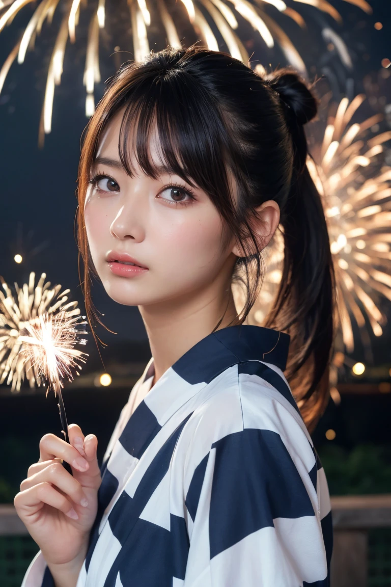 Highest quality, The finer details, (Beautiful One Woman))), Highly detailed eyes and face, firework, yukata, looking up at firework, ponytail, Large tear bags, double eyelid