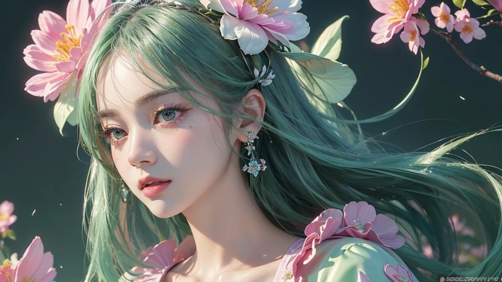 One girl, alone, flower畑, flower, (Official Art, unity 8k wallpaper, Super detailed, beautifully、aesthetic, masterpiece ,Highest quality:1.3), (Dynamic Angle:1.2), (Floating colorful sparkles:1) , elegant, Vibrant colors, Highly detailed face, Detailed eyes, Glowing Skin, Glossy Lips , Pale green background,