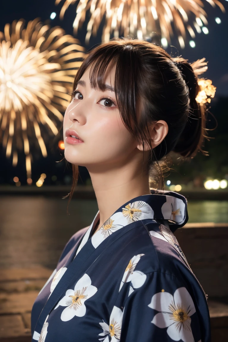 Highest quality, The finer details, (Beautiful One Woman))), Highly detailed eyes and face, firework, yukata, looking up at firework, ponytail, Large tear bags, double eyelid