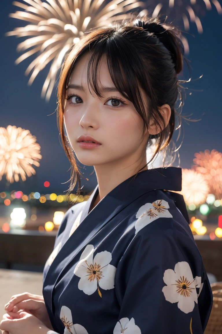 Highest quality, The finer details, (Beautiful One Woman))), Highly detailed eyes and face, firework, yukata, looking up at firework, ponytail, Large tear bags, double eyelid