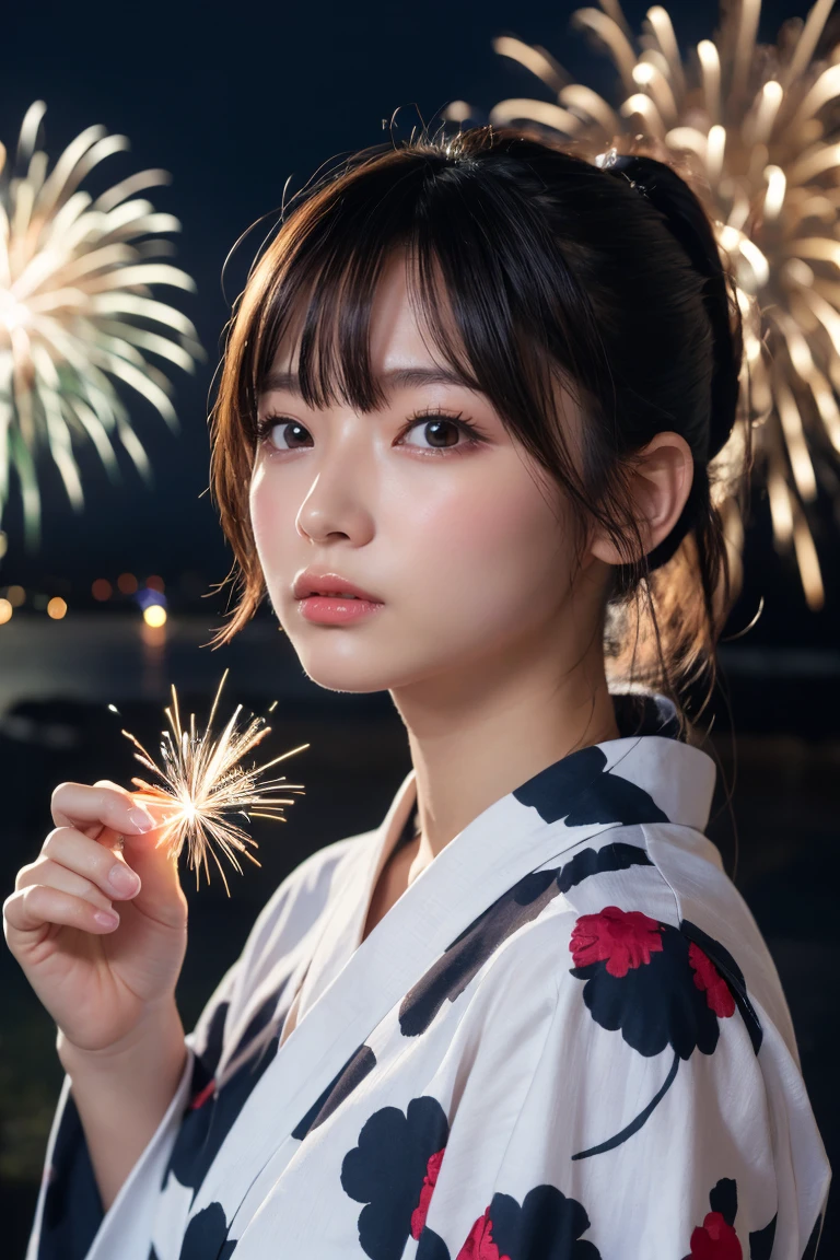 Highest quality, The finer details, (Beautiful One Woman))), Highly detailed eyes and face, firework, yukata, looking up at firework, ponytail, Large tear bags, double eyelid