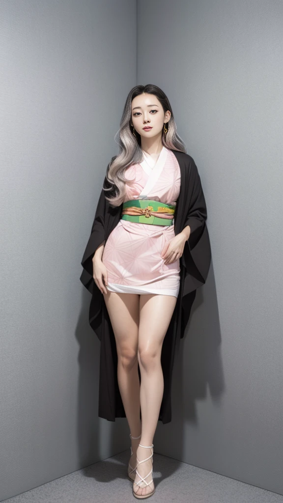 Cute Japanese female, (16 years old), (Very cute face), White moist skin, (Pink bright eyes: 1.6), (Full body: 1.4),
BREAK,
(Very beautiful berserker: 1.3), (Kicking: 1.3),
BREAK,
Earrings, Short length, (Black grass tattoo on body: 1.3), (Full body: 1.4),
BREAK,
(Cute kimono: 1.2), (Black haori: 1.2), (Crowd),
BREAK,
(Super long hair), (Light gray hair: 1.4), (Gradient hair: 1.3), (Red tips: 1.3),
BREAK,
(Realistic: 1.3), Masterpiece, Perfect lighting, (Ultra high resolution), (8K), (Highly detailed: 1.4), (Full body: 1.4), (Symmetrical: 1.2), (One shot),
BREAK,
(Japanese city: 1.2), (Crowded),
BREAK,
(Demon Slayer: 1.4), (Haruka Ayase), (Nezuko Kamado),
