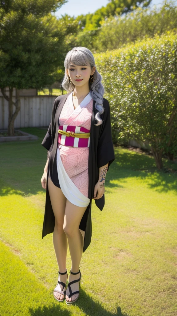 Cute Japanese female, (), (Very cute face), White moist skin, (Pink bright eyes: 1.6), (Full body: 1.4),
BREAK,
(Very beautiful berserker: 1.3), (Kicking: 1.3),
BREAK,
Earrings, Short length, (Black grass tattoo on body: 1.3), (Full body: 1.4),
BREAK,
(Cute kimono: 1.2), (Black haori: 1.2), (Crowd),
BREAK,
(Super long hair), (Light gray hair: 1.4), (Gradient hair: 1.3), (Red tips: 1.3),
BREAK,
(Realistic: 1.3), Masterpiece, Perfect lighting, (Ultra high resolution), (8K), (Highly detailed: 1.4), (Full body: 1.4), (Symmetrical: 1.2), (One shot),
BREAK,
(Japanese city: 1.2), (Crowded),
BREAK,
(Demon Slayer: 1.4), (Haruka Ayase), (Nezuko Kamado),