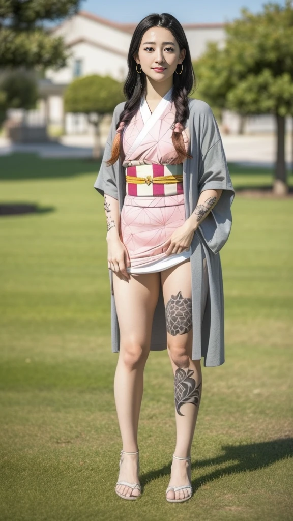 Cute Japanese female, (16 years old), (Very cute face), White moist skin, (Pink bright eyes: 1.6), (Full body: 1.4),
BREAK,
(Very beautiful berserker: 1.3), (Kicking: 1.3),
BREAK,
Earrings, Short length, (Black grass tattoo on body: 1.3), (Full body: 1.4),
BREAK,
(Cute kimono: 1.2), (Black haori: 1.2), (Crowd),
BREAK,
(Super long hair), (Light gray hair: 1.4), (Gradient hair: 1.3), (Red tips: 1.3),
BREAK,
(Realistic: 1.3), Masterpiece, Perfect lighting, (Ultra high resolution), (8K), (Highly detailed: 1.4), (Full body: 1.4), (Symmetrical: 1.2), (One shot),
BREAK,
(Japanese city: 1.2), (Crowded),
BREAK,
(Demon Slayer: 1.4), (Haruka Ayase), (Nezuko Kamado),