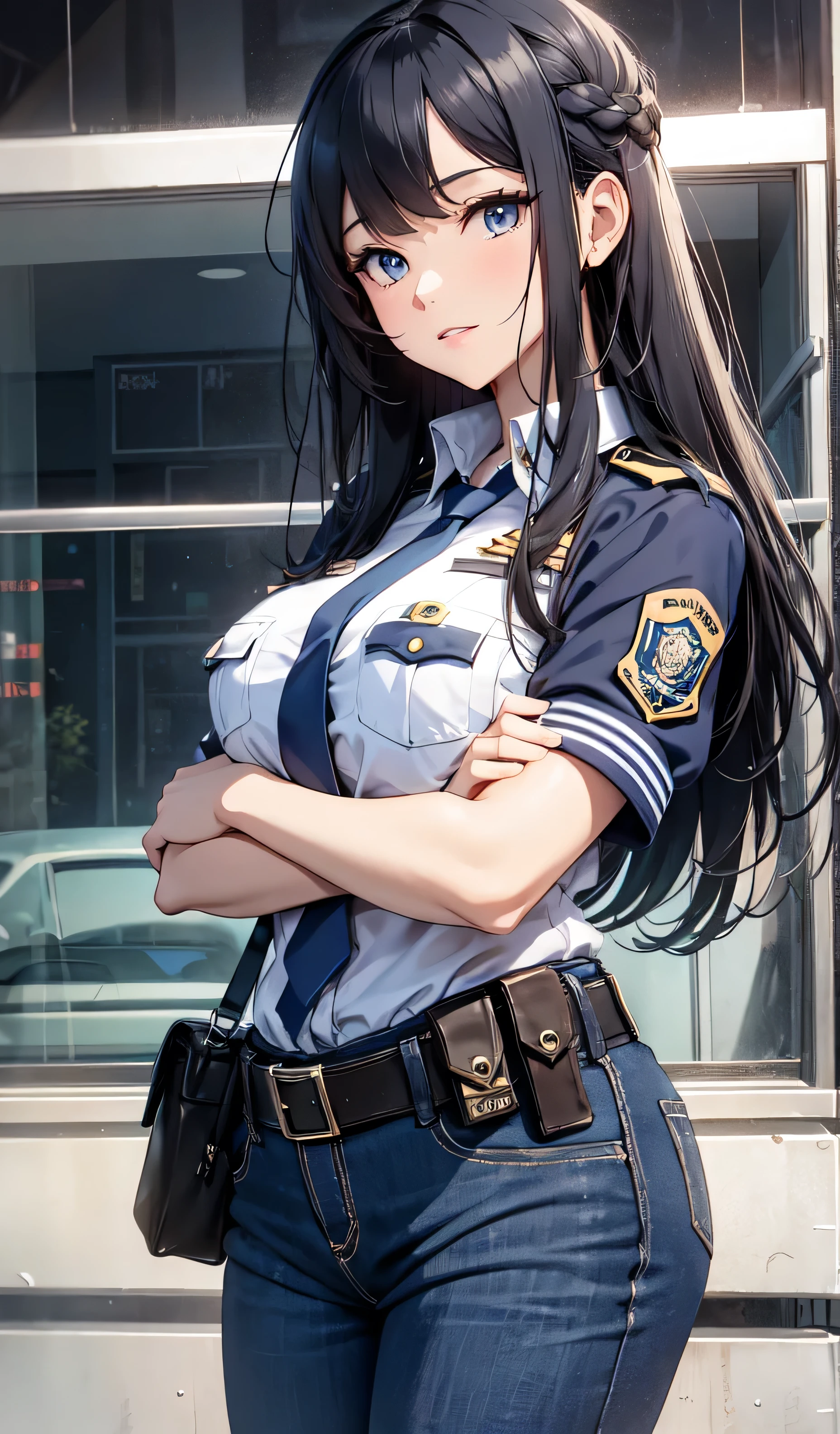 beautiful detailed girl, police uniform, long hair, black hair