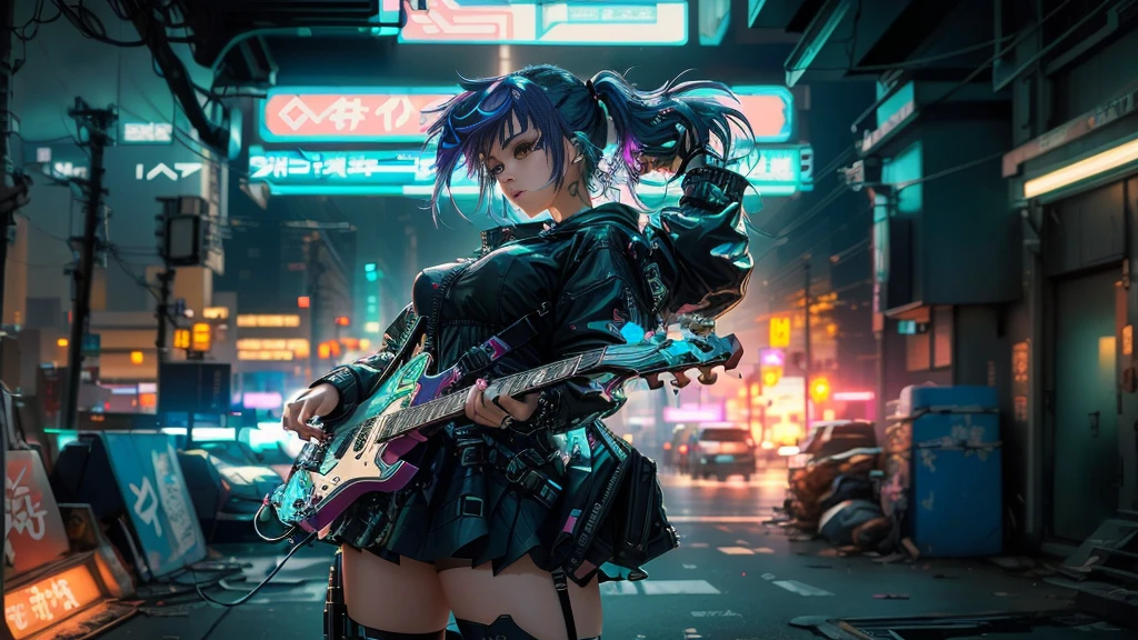 There is a woman wearing a short skirt and holding a guitar., A mix of anime style and Fujifilm, Cyberpunk Anime Girl, dreamy Cyberpunk Girl, Grunge Cyberpunk, Cyberpunk Photography, In Cyberpunk City, female Cyberpunk Anime Girl, Cyberpunk atmosphere, Cyberpunk Style, anime cyberpunk art, Cyberpunk Girl, Digital Cyberpunk - Anime Art, In the world of cyberpunk, cyberpunk streets in japan, In a cyberpunk city