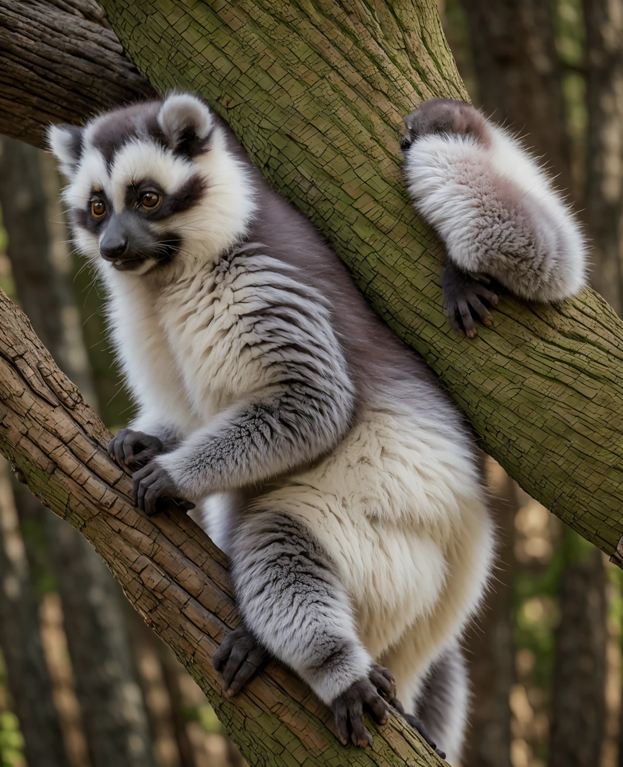 a cute dwarf lemur, furry and fluffy, large expressive eyes, intricate facial features, detailed fur textures, sitting on a tree branch, natural forest environment, warm soft lighting, highly detailed, photorealistic, 8k, cinematic composition, vibrant colors