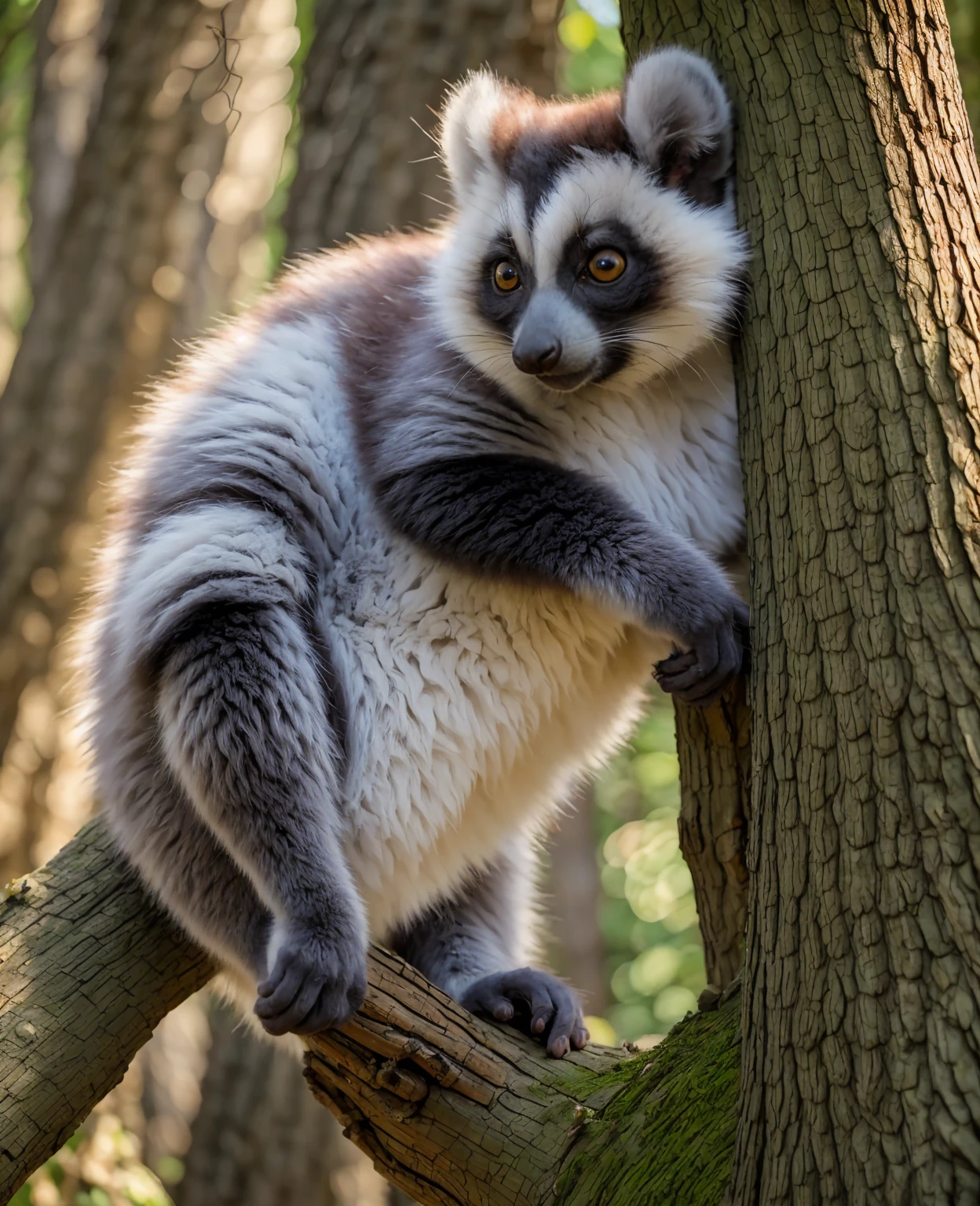 a cute dwarf lemur, furry and fluffy, large expressive eyes, intricate facial features, detailed fur textures, sitting on a tree branch, natural forest environment, warm soft lighting, highly detailed, photorealistic, 8k, cinematic composition, vibrant colors