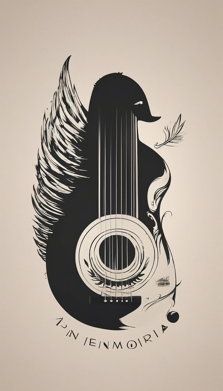 A minimal, modern, simple, cinematic logotype for the brand “Penamemoria". The logotype must be a simple, magical feather and a boy playing acoustic guitar. The logo must convey a sense of music, stories and dreams. Logo design impressed on a book cover. Minimalistic logo