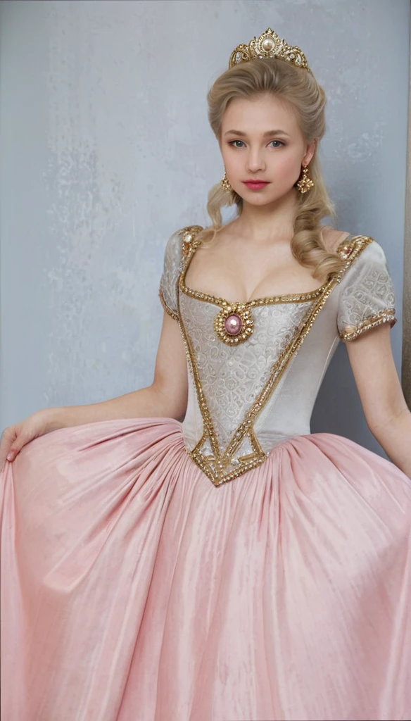 Front view , standing pose,  looking at camera, Russian girl, 18 age old, (Blond hair, middle hair ,  wince, Gray eyes, beautiful lip,  serious),  gold crescent earrings, gold neckless, (big breasts, slender whist, wide hip, real public hair) ,(Rococo 18the century pink silk dress) , (gold earing , peal neckless. tiara with Dimond), on floor in Palace, in Moskva, textured skin , HI detailed skin, (foreshortening, Canon, UHD, anatomically correct,  super detail, high details, highness, 