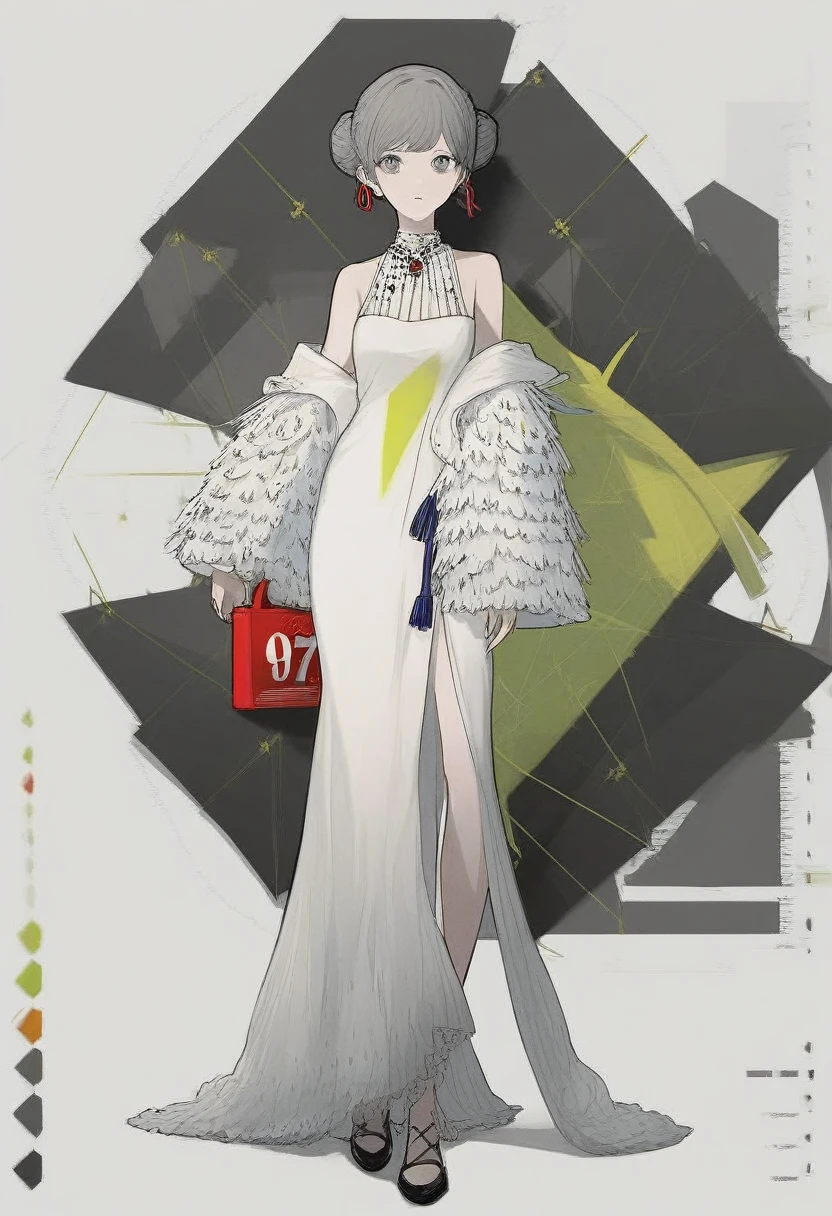 score_9, score_8_up, score_7_up, score_6_up, Character concept art of a pale skinned woman, skinny, grey eyes, bun hair, white dress, fashionable, thick outlines, line weight, high detail, white background, high detail establishing shot. cinematic, use of color theory and contrasting shadow tints.