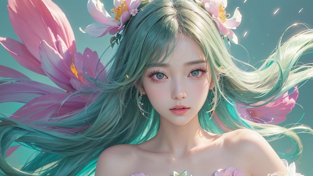 One girl, alone, flower畑, flower, (Official Art, unity 8k wallpaper, Super detailed, beautifully、aesthetic, masterpiece ,Highest quality:1.3), (Dynamic Angle:1.2), (Floating colorful sparkles:1) , elegant, Vibrant colors, Highly detailed face, Detailed eyes, Glowing Skin, Glossy Lips , Pale green background,
