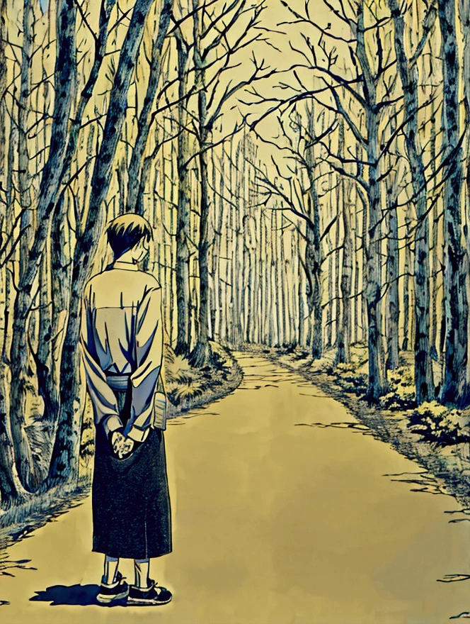 Create an image of a dark, foggy forest path. On this path, there are three characters in anime/manga style: one character is standing in the foreground with their back facing the viewer, wearing a and carrying a bag. Further down the path, there are two characters holding hands and walking away from the viewer. The foreground character appears to be observing the two characters in the distance.