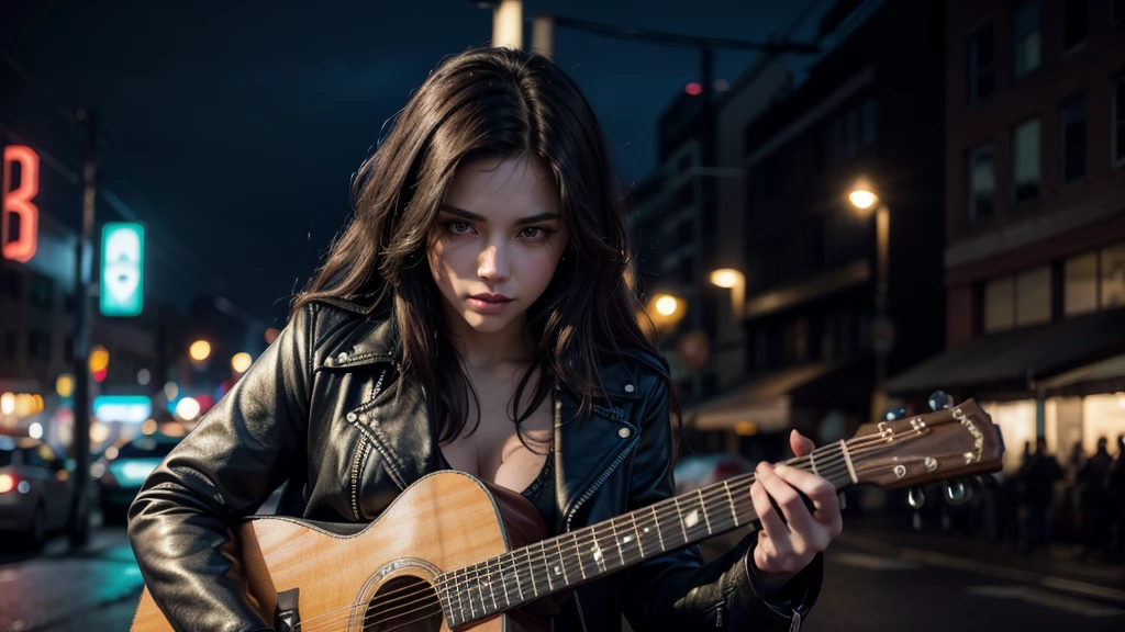 a sexy woman playing guitar, beautiful detailed eyes, beautiful detailed lips, extremely detailed face and eyes, long eyelashes, dark hair flowing, wearing a leather jacket, in an urban city street at night, neon lights, moody atmosphere, (best quality, 4k, 8k, highres, masterpiece:1.2), ultra-detailed, (realistic, photorealistic, photo-realistic:1.37), dramatic lighting, cinematic, urban, moody, vibrant colors