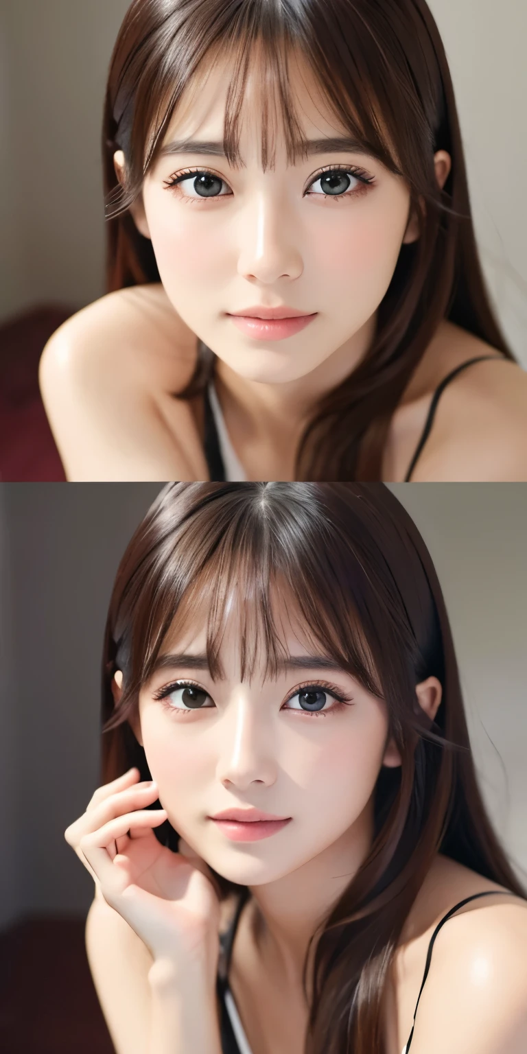 NSFW、16K、フォトReal、Highest quality、masterpiece、Ultra-high resolution、Raw photo、Real、Bright lighting、Face light、Smooth Professional Lighting、looking at the camera、One person、Adult women、Beautiful woman、Super beautiful、Realな肌の質感、Glowing Skin、Moisturized skin、Realな目と顔のディテール、Perfect Style、Model's body type、Beautiful Eyes、Big eyes、Inconspicuous tear bags、slim、Medium sized big breasts、No bra、Nipples pushing up clothes、Camel Toe、A beautiful, unadorned belly button、not long nails、Very short hair、Black Hair、black eye、looks fun、Beautiful hip line、(((Leaning forward)))、sweater、White shirt、Nipples are slightly visible from the chest
