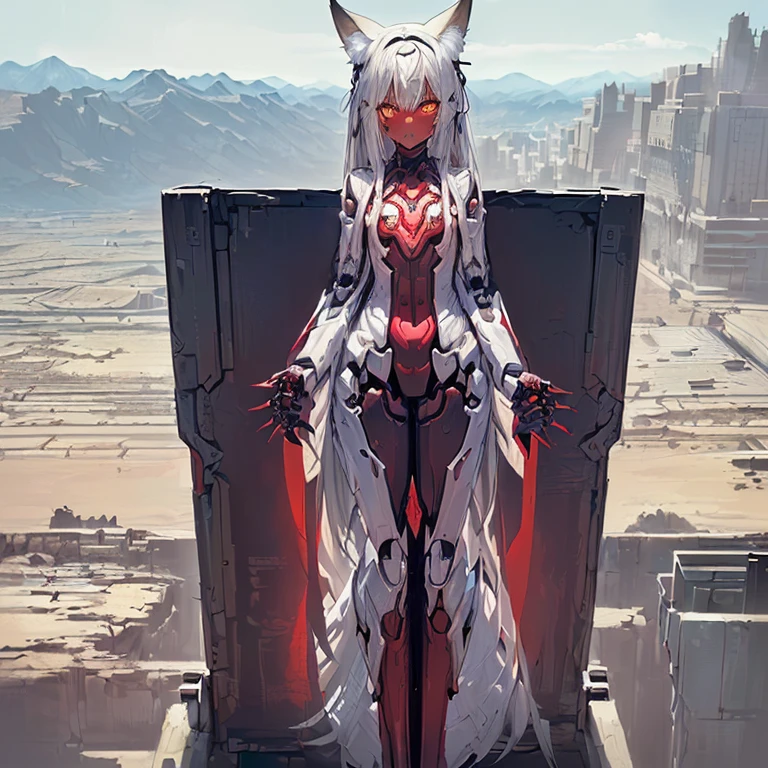(Fox Girl, Fox Ears, Silver Hair, Fox Makeup, One Girl, Long Hair, Alone on the screen, dark skin, High definition, high resolution:1.6), (mecha musume, Machinery Parts,Robot Joints, White and red clothes, face以outside全身機械スーツ:1.8), (Body measurements are 75-60-75!, Young girl body, Small breasts, hands on own chest, I can see the valley, slender, muscle:1.9), Avatar, face, 色っぽいface, Dominant representation, naughty face, Uplifting, Skin Texture, outside, ruins, Ruined City, Broken Building, There are no people